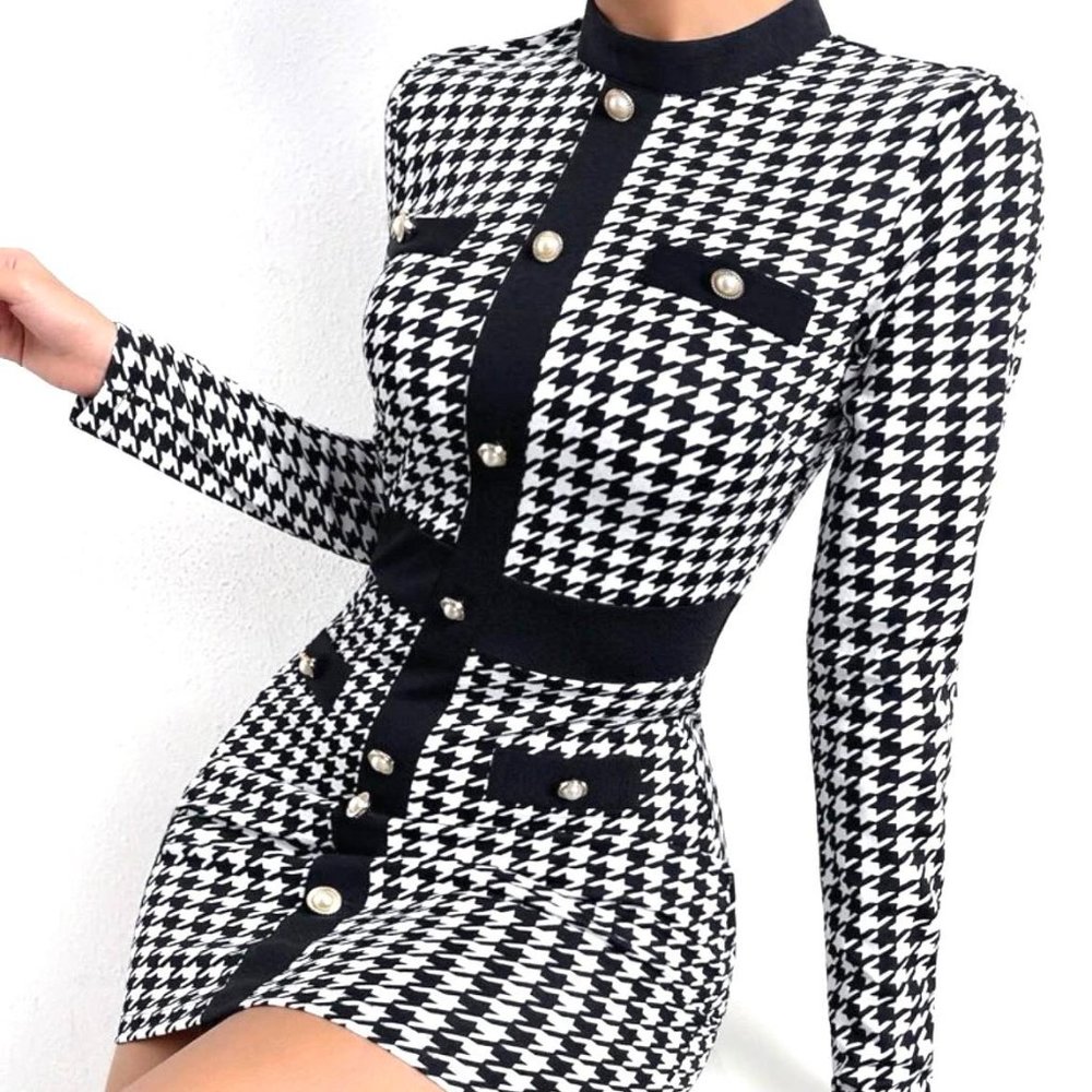 Print Button Front Bodycon Dress XS